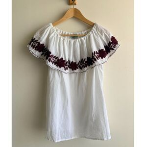 Nativa White w/ Burgundy hand embroidered Mexican top OS (see measurements)